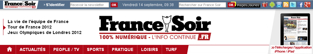 Capture d'écran de la page d'accueil du site France Soir en 2012.