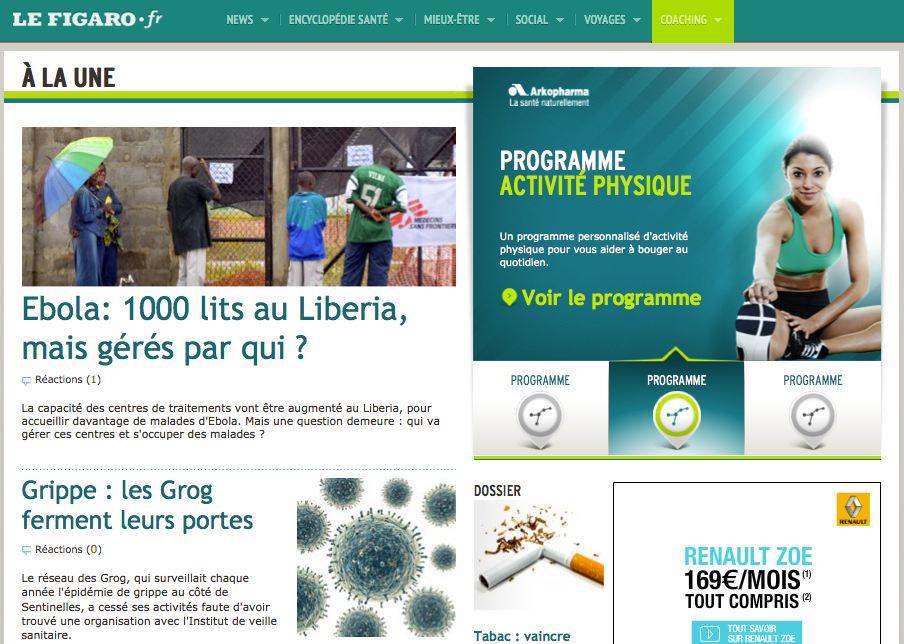 Capture d'écran de la page d'accueil du site de Figaro Santé en 2014