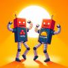 Deux robots avec des Tee-shirts Redis et MongoDB dansant au soleil, Création Bing AI.
